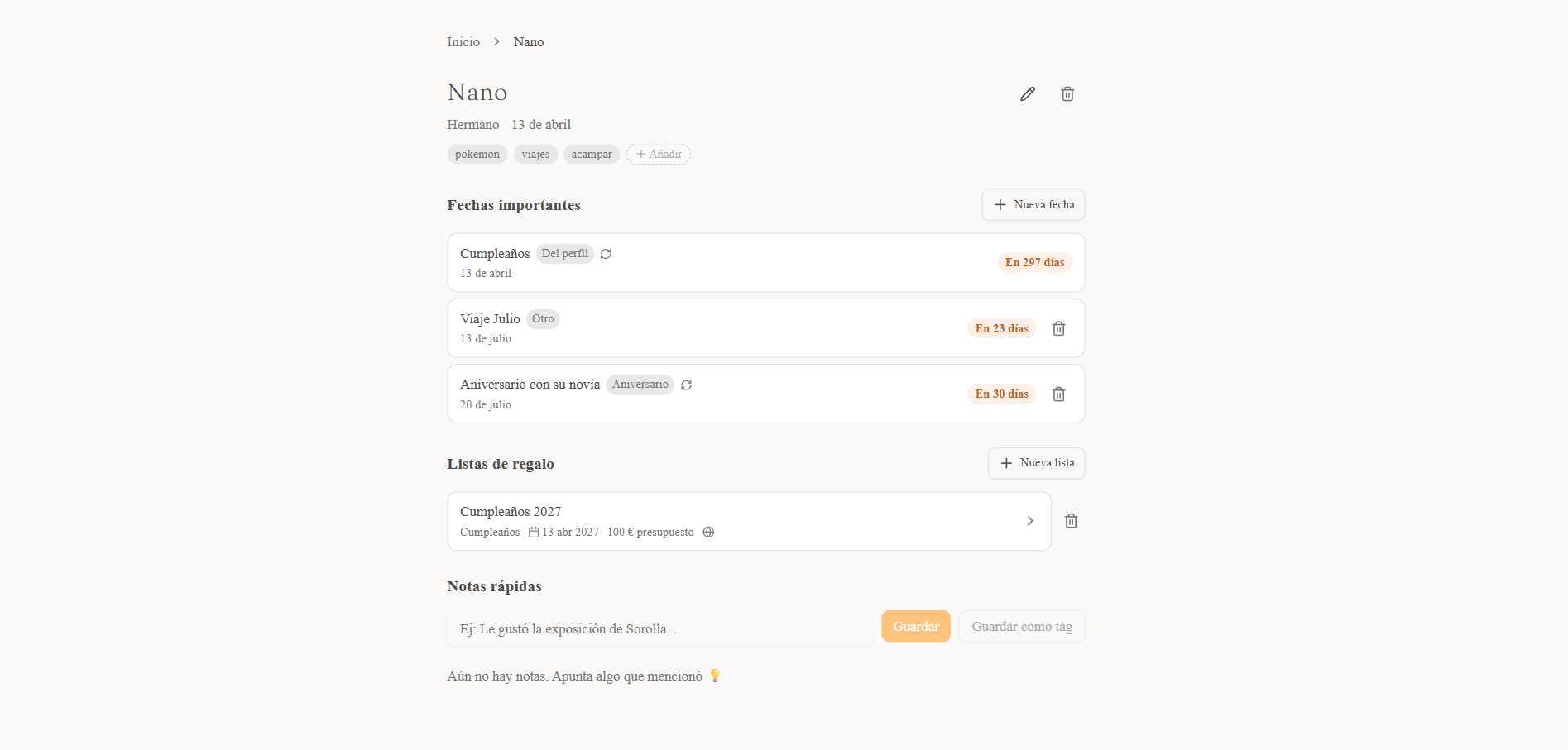 Detalle de contacto en Meant To